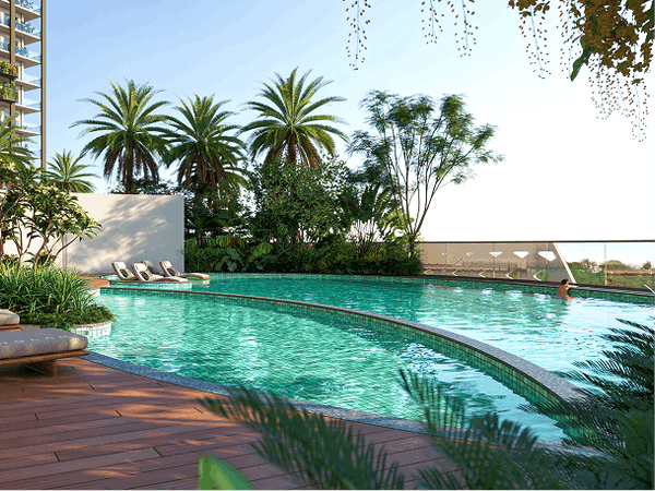 Aquatic pool with leisure seating at Moonglade apartments